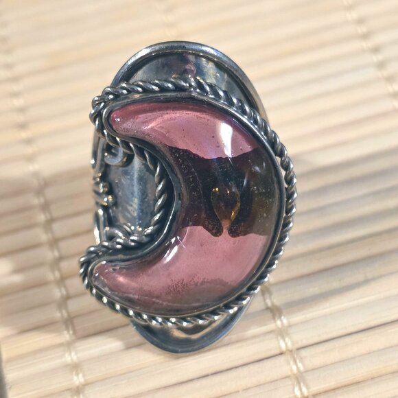 Peruvian Fused Art Glass Purplish Pink Silver Crescent Moon OOAK Artisan Ring - Picture 6 of 8